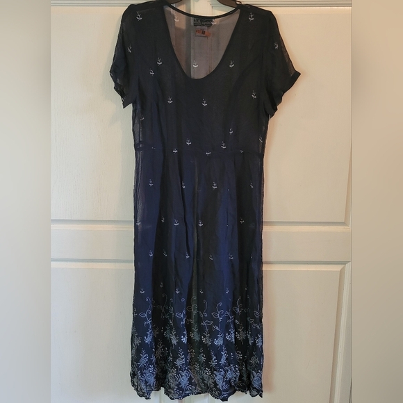 Vintage Victoria Holley Navy White Embroidered Sheer Mesh Duster Dress - Picture 2 of 7